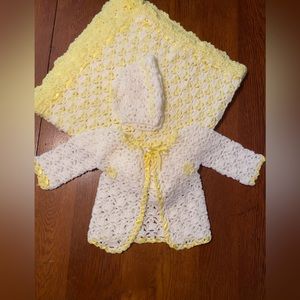 Baby layette hand crafted yellow/white blanket 33X29, sweater,hat